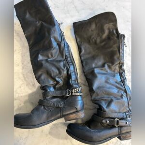 Aldo Women’s Tall Black Over the Knee Boots Moto Motorcycle Chain Detail 36 6